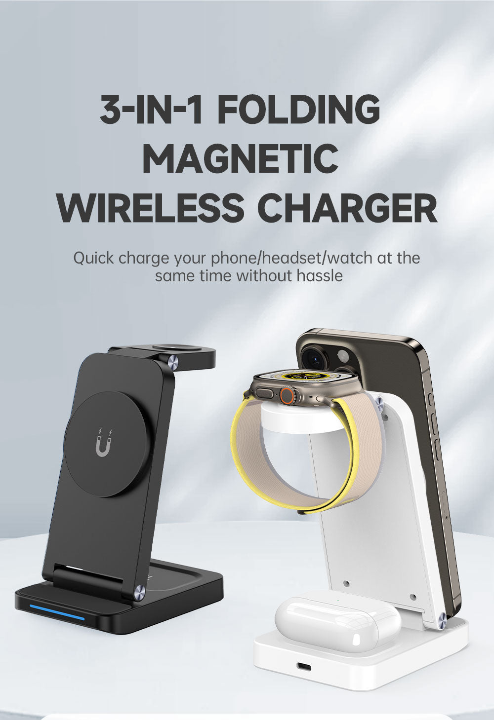 Hot Foldable 3 in 1 Wireless Phone Charger Stand Portable Fast Charging 15W Magnetic Wireless Charger For iPhone Watch Earphone